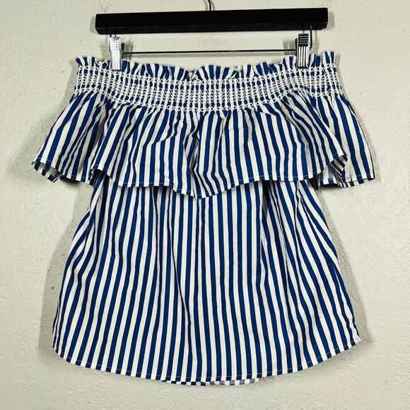 Stradivarius Striped Off Shoulder Blouse Top Sailor Nautical Casual Ruffle - S - Picture 4 of 6